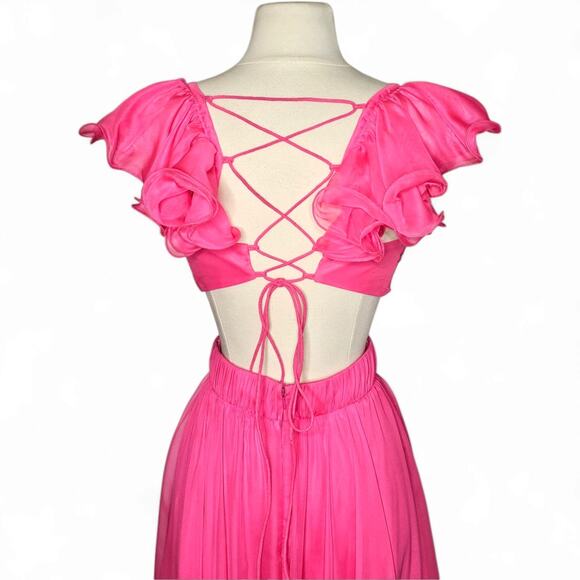 Mac Duggal 70254 Ruched Ruffled Shoulder Cut Out Lace Up Gown in Hot Pink Size 8 - Picture 7 of 14
